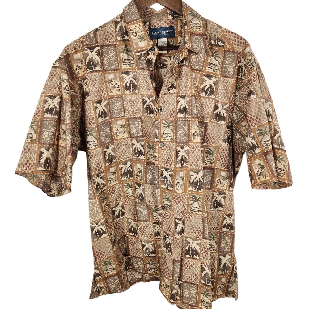 Cooke Street Honolulu Tan Tropical Print Cotton Casual Button Up Shirt Sz Medium